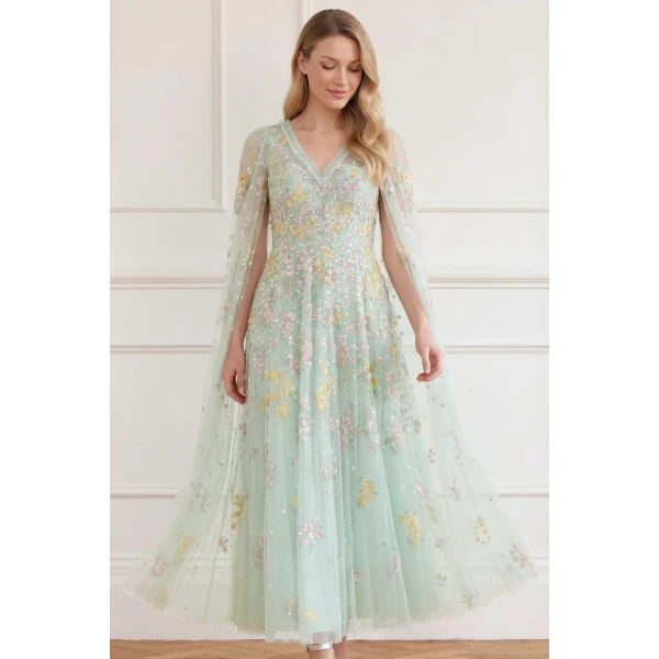 Needle & Thread Versailles Ditsy V-Neck Cape Sleeve Ankle Gown in Sea Mist/Pale - Dresses - British Luxury Evening Wear at Luxury Shoes 