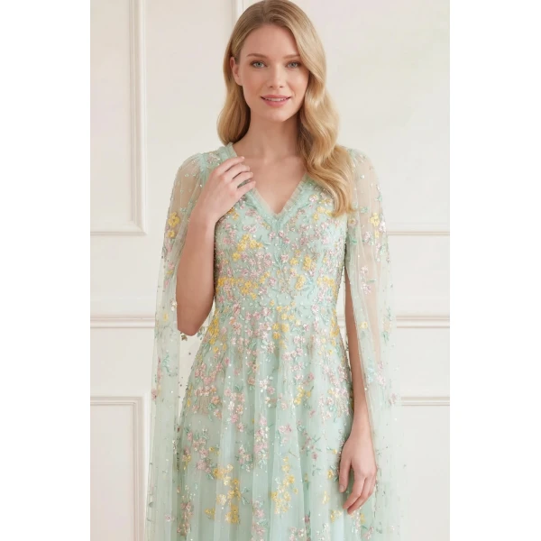 Needle & Thread Versailles Ditsy V-Neck Cape Sleeve Ankle Gown in Sea Mist/Pale - Dresses - British Luxury Evening Wear at Luxury Shoes 