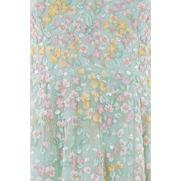 Needle & Thread Versailles Ditsy V-Neck Cape Sleeve Ankle Gown in Sea Mist/Pale - Dresses - British Luxury Evening Wear at Luxury Shoes 