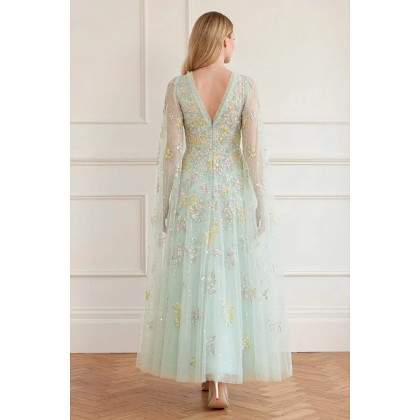 Needle & Thread Versailles Ditsy V-Neck Cape Sleeve Ankle Gown in Sea Mist/Pale - Dresses - British Luxury Evening Wear at Luxury Shoes 