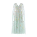 Needle & Thread Versailles Ditsy V-Neck Cape Sleeve Ankle Gown in Sea Mist/Pale - Dresses - British Luxury Evening Wear at Luxury Shoes 