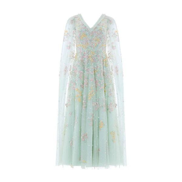 Needle & Thread Versailles Ditsy V-Neck Cape Sleeve Ankle Gown in Sea Mist/Pale - Dresses - British Luxury Evening Wear at Luxury Shoes 