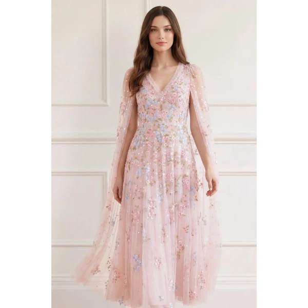 Needle & Thread Versailles Ditsy V-Neck Cape Sleeve Ankle Gown in Shell/Bright - Dresses - British Luxury Evening Wear at Luxury Shoes 