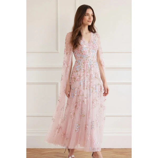 Needle & Thread Versailles Ditsy V-Neck Cape Sleeve Ankle Gown in Shell/Bright - Dresses - British Luxury Evening Wear at Luxury Shoes 
