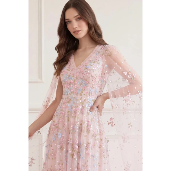 Needle & Thread Versailles Ditsy V-Neck Cape Sleeve Ankle Gown in Shell/Bright - Dresses - British Luxury Evening Wear at Luxury Shoes 