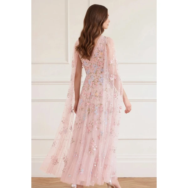 Needle & Thread Versailles Ditsy V-Neck Cape Sleeve Ankle Gown in Shell/Bright - Dresses - British Luxury Evening Wear at Luxury Shoes 