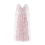 Needle & Thread Versailles Ditsy V-Neck Cape Sleeve Ankle Gown in Shell/Bright - Dresses - British Luxury Evening Wear at Luxury Shoes 