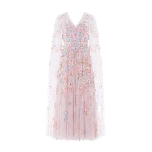 Needle & Thread Versailles Ditsy V-Neck Cape Sleeve Ankle Gown in Shell/Bright - Dresses - British Luxury Evening Wear at Luxury Shoes 