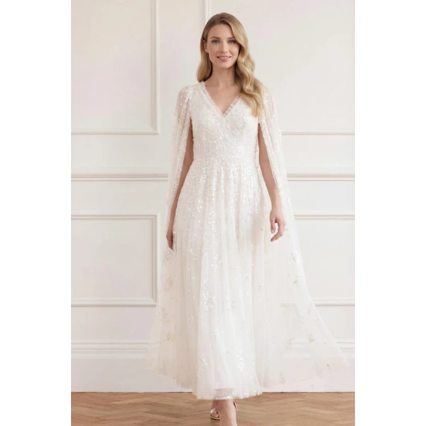 Needle & Thread Versailles Ditsy V-Neck Cape Sleeve Ankle Gown in Swan White - Dresses - British Luxury Evening Wear at Luxury Shoes 