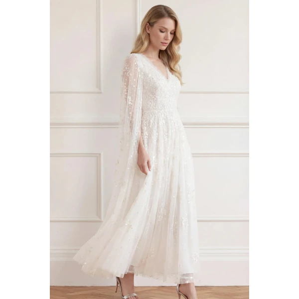 Needle & Thread Versailles Ditsy V-Neck Cape Sleeve Ankle Gown in Swan White - Dresses - British Luxury Evening Wear at Luxury Shoes 