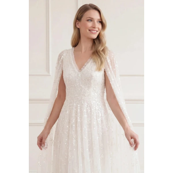 Needle & Thread Versailles Ditsy V-Neck Cape Sleeve Ankle Gown in Swan White - Dresses - British Luxury Evening Wear at Luxury Shoes 