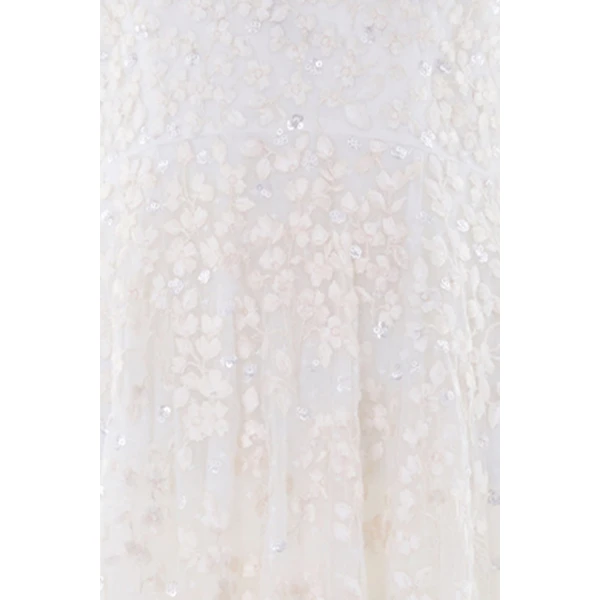 Needle & Thread Versailles Ditsy V-Neck Cape Sleeve Ankle Gown in Swan White - Dresses - British Luxury Evening Wear at Luxury Shoes 