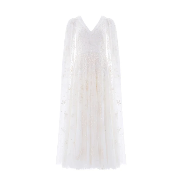 Needle & Thread Versailles Ditsy V-Neck Cape Sleeve Ankle Gown in Swan White - Dresses - British Luxury Evening Wear at Luxury Shoes 