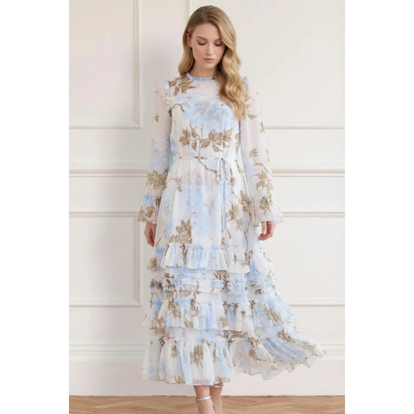 Needle & Thread Wisteria Chiffon Round Neck Ankle Gown in Optic White/Blue - Dresses - British Luxury Evening Wear at Luxury Shoes 