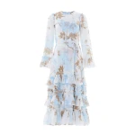 Needle & Thread Wisteria Chiffon Round Neck Ankle Gown in Optic White/Blue - Dresses - British Luxury Evening Wear at Luxury Shoes 