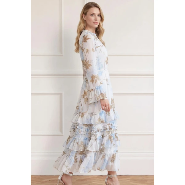 Needle & Thread Wisteria Chiffon Round Neck Ankle Gown in Optic White/Blue - Dresses - British Luxury Evening Wear at Luxury Shoes 