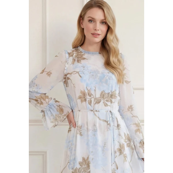 Needle & Thread Wisteria Chiffon Round Neck Ankle Gown in Optic White/Blue - Dresses - British Luxury Evening Wear at Luxury Shoes 