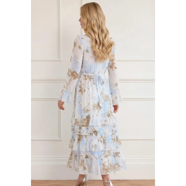 Needle & Thread Wisteria Chiffon Round Neck Ankle Gown in Optic White/Blue - Dresses - British Luxury Evening Wear at Luxury Shoes 