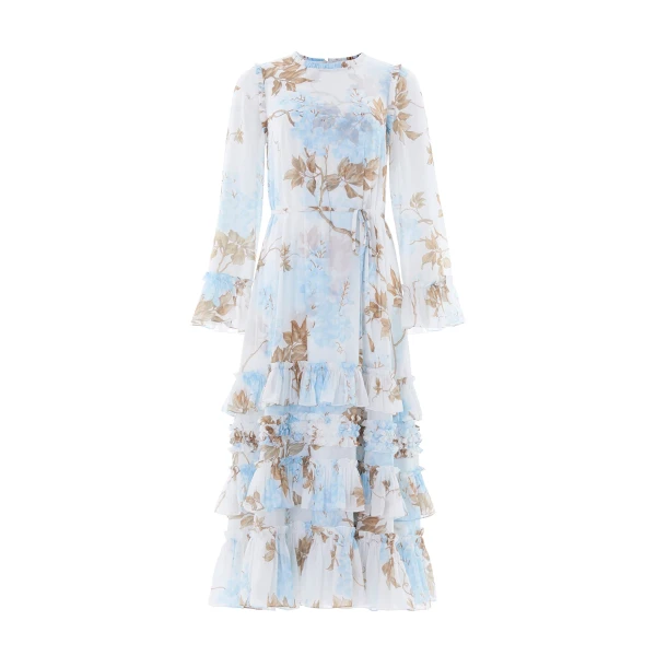 Needle & Thread Wisteria Chiffon Round Neck Ankle Gown in Optic White/Blue - Dresses - British Luxury Evening Wear at Luxury Shoes 