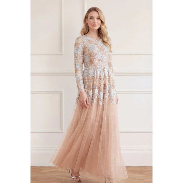 Needle & Thread Wisteria Dot Long Sleeve Gown in Biscuit/Blue - Dresses - British Luxury Evening Wear at Luxury Shoes 