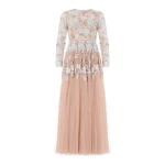 Needle & Thread Wisteria Dot Long Sleeve Gown in Biscuit/Blue - Dresses - British Luxury Evening Wear at Luxury Shoes 