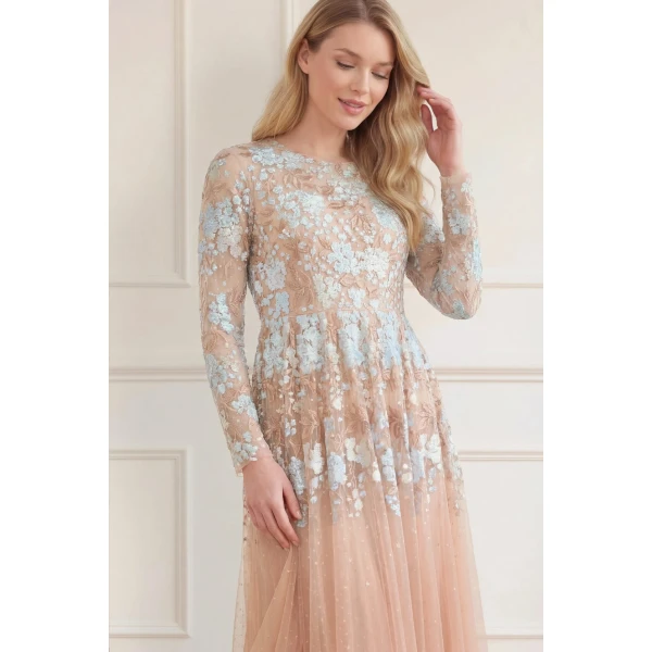 Needle & Thread Wisteria Dot Long Sleeve Gown in Biscuit/Blue - Dresses - British Luxury Evening Wear at Luxury Shoes 