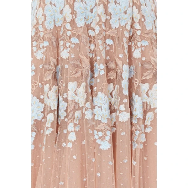 Needle & Thread Wisteria Dot Long Sleeve Gown in Biscuit/Blue - Dresses - British Luxury Evening Wear at Luxury Shoes 