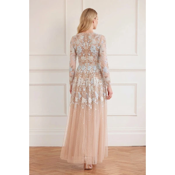 Needle & Thread Wisteria Dot Long Sleeve Gown in Biscuit/Blue - Dresses - British Luxury Evening Wear at Luxury Shoes 