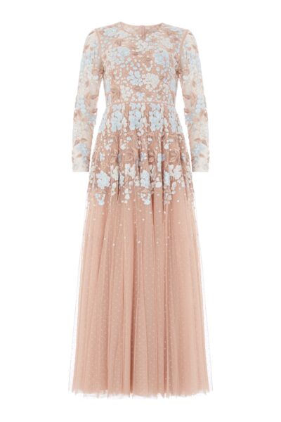 Needle & Thread Wisteria Dot Long Sleeve Gown in Biscuit/Blue - Dresses - British Luxury Evening Wear at Luxury Shoes 
