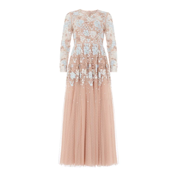 Needle & Thread Wisteria Dot Long Sleeve Gown in Biscuit/Blue - Dresses - British Luxury Evening Wear at Luxury Shoes 