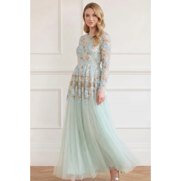 Needle & Thread Wisteria Dot Long Sleeve Gown in Sea/Mist - Dresses - British Luxury Evening Wear at Luxury Shoes 