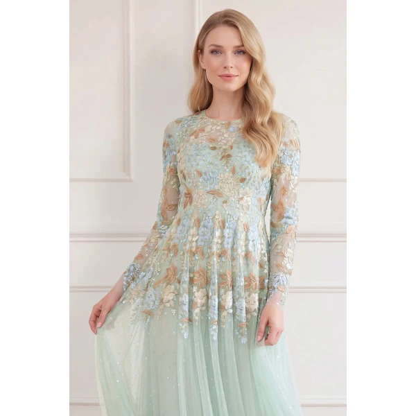 Needle & Thread Wisteria Dot Long Sleeve Gown in Sea/Mist - Dresses - British Luxury Evening Wear at Luxury Shoes 
