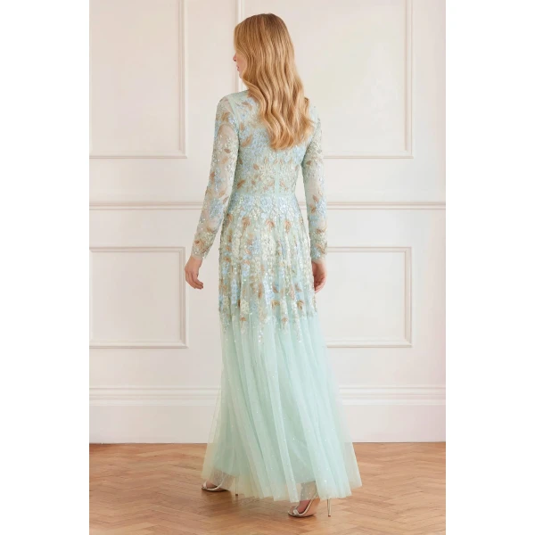 Needle & Thread Wisteria Dot Long Sleeve Gown in Sea/Mist - Dresses - British Luxury Evening Wear at Luxury Shoes 