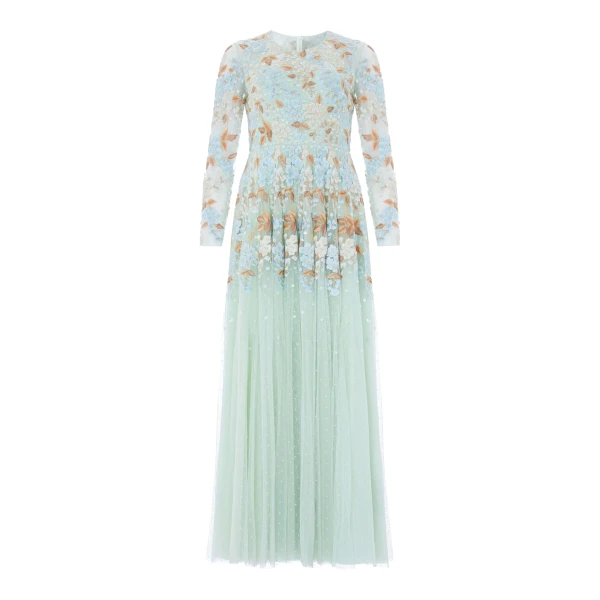 Needle & Thread Wisteria Dot Long Sleeve Gown in Sea/Mist - Dresses - British Luxury Evening Wear at Luxury Shoes 