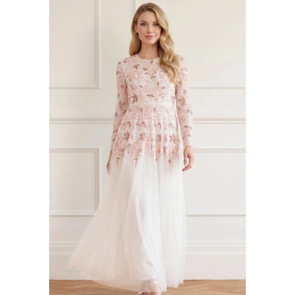 Needle & Thread Wisteria Dot Long Sleeve Gown in Swan White - Dresses - British Luxury Evening Wear at Luxury Shoes 