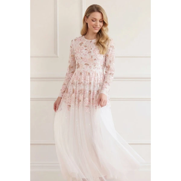 Needle & Thread Wisteria Dot Long Sleeve Gown in Swan White - Dresses - British Luxury Evening Wear at Luxury Shoes 