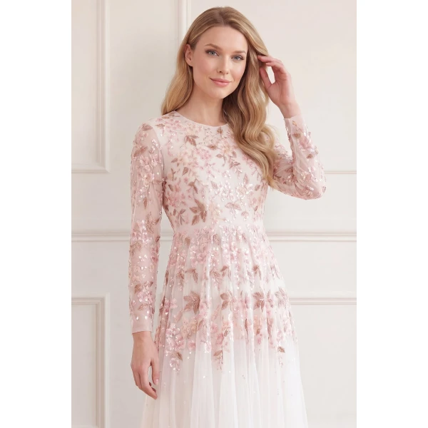 Needle & Thread Wisteria Dot Long Sleeve Gown in Swan White - Dresses - British Luxury Evening Wear at Luxury Shoes 