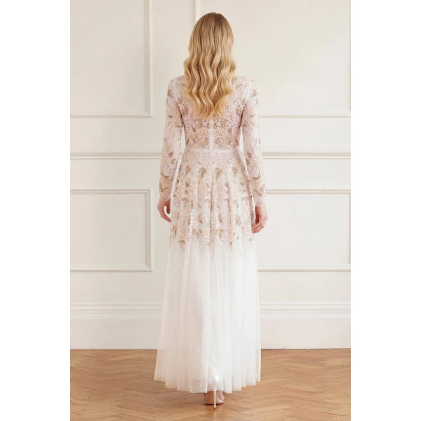 Needle & Thread Wisteria Dot Long Sleeve Gown in Swan White - Dresses - British Luxury Evening Wear at Luxury Shoes 