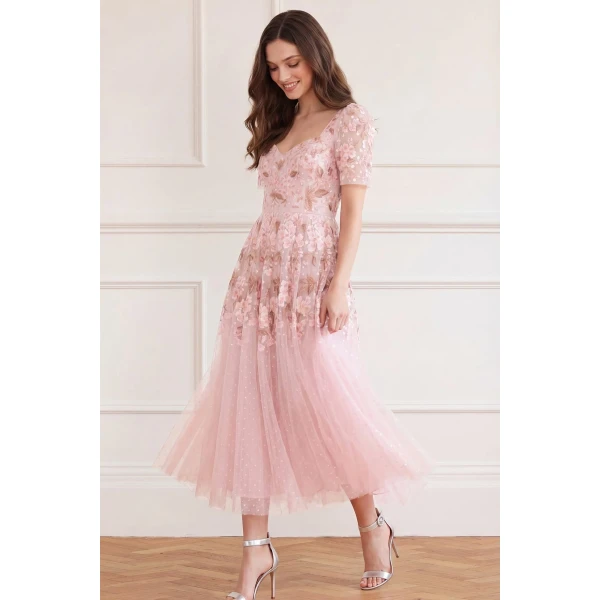 Needle & Thread Wisteria Dot Short Sleeve Ballerina Dress in Shell Pink - Dresses - British Luxury Evening Wear at Luxury Shoes 