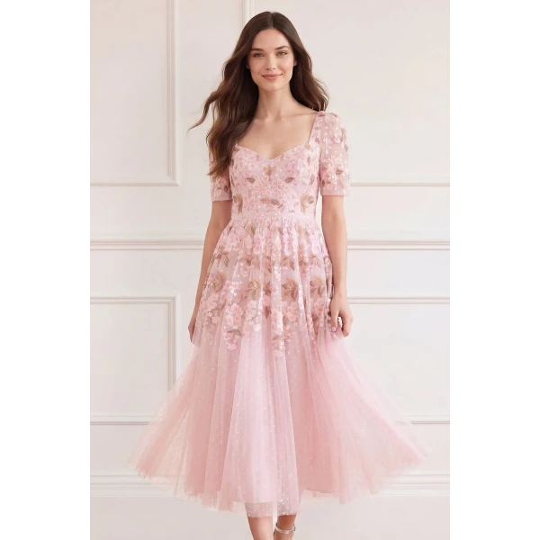 Needle & Thread Wisteria Dot Short Sleeve Ballerina Dress in Shell Pink - Dresses - British Luxury Evening Wear at Luxury Shoes 