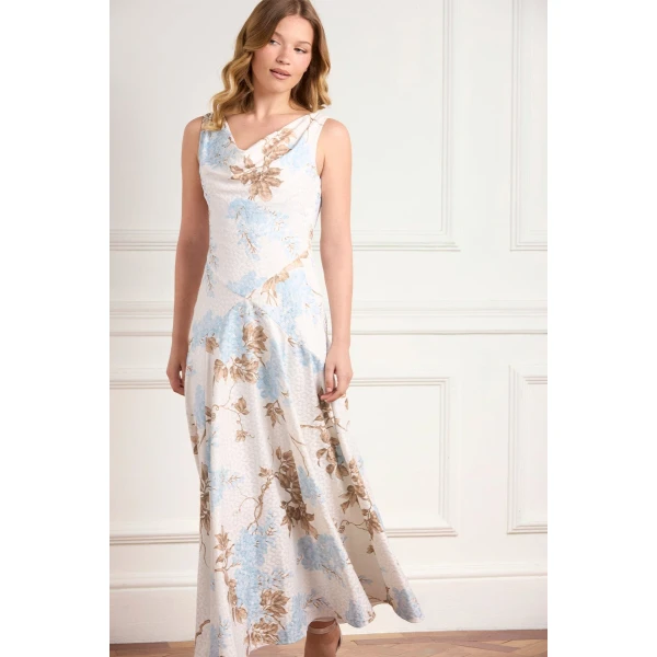 Needle & Thread Wisteria Jacquard Cowl Neck Gown in Optic White/Blue - Dresses - British Luxury Evening Wear at Luxury Shoes 