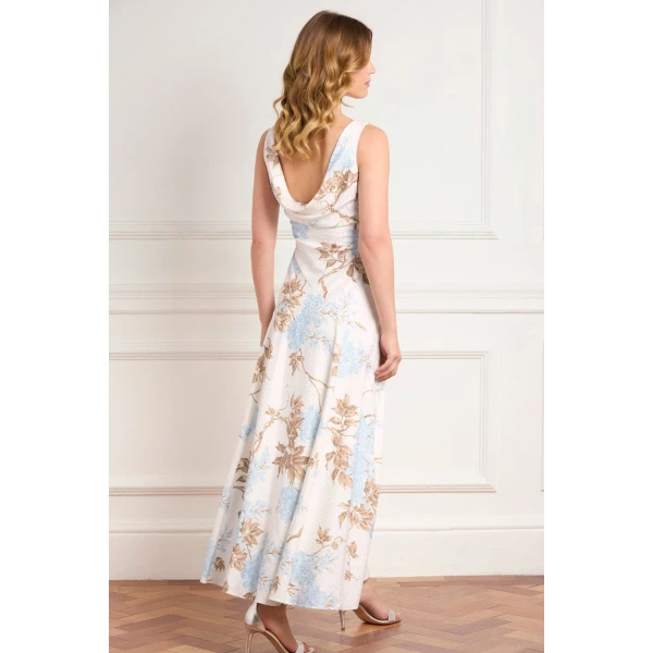 Needle & Thread Wisteria Jacquard Cowl Neck Gown in Optic White/Blue - Dresses - British Luxury Evening Wear at Luxury Shoes 
