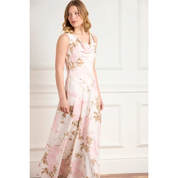 Needle & Thread Wisteria Jacquard Cowl Neck Gown in Optic White/Pink - Dresses - British Luxury Evening Wear at Luxury Shoes 