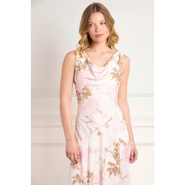 Needle & Thread Wisteria Jacquard Cowl Neck Gown in Optic White/Pink - Dresses - British Luxury Evening Wear at Luxury Shoes 