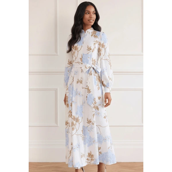 Needle & Thread Wisteria Jacquard Long Sleeve Shirt Dress in Optic White/Blue - Dresses - British Luxury Evening Wear at Luxury Shoes 