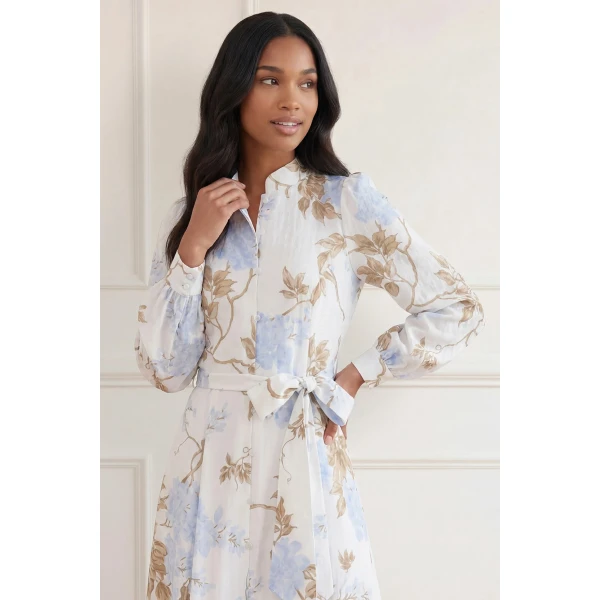 Needle & Thread Wisteria Jacquard Long Sleeve Shirt Dress in Optic White/Blue - Dresses - British Luxury Evening Wear at Luxury Shoes 