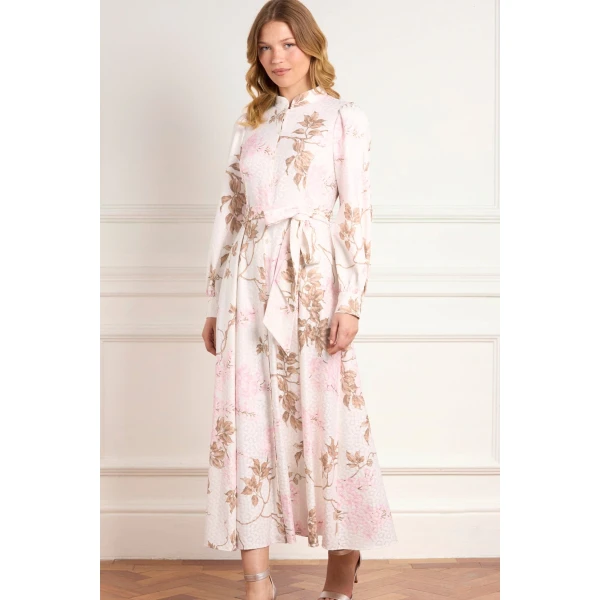 Needle & Thread Wisteria Jacquard Long Sleeve Shirt Dress in Optic White/Pink - Dresses - British Luxury Evening Wear at Luxury Shoes 