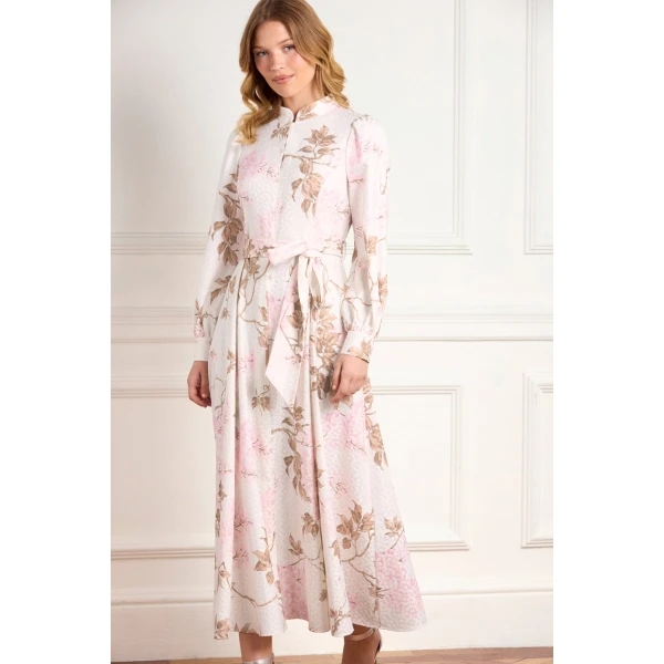 Needle & Thread Wisteria Jacquard Long Sleeve Shirt Dress in Optic White/Pink - Dresses - British Luxury Evening Wear at Luxury Shoes 