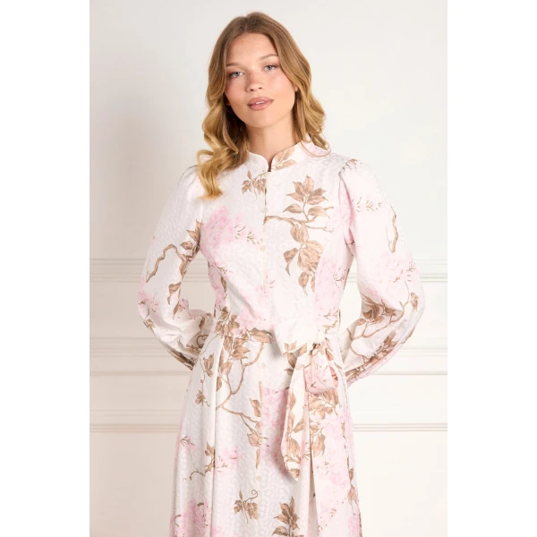 Needle & Thread Wisteria Jacquard Long Sleeve Shirt Dress in Optic White/Pink - Dresses - British Luxury Evening Wear at Luxury Shoes 