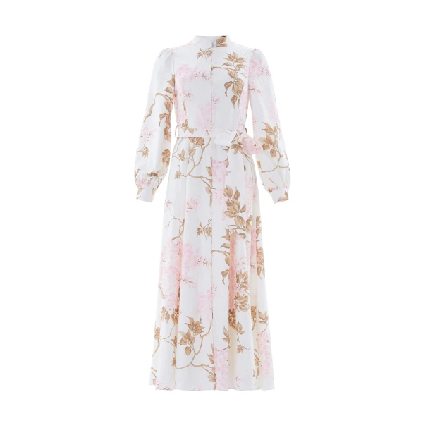 Needle & Thread Wisteria Jacquard Long Sleeve Shirt Dress in Optic White/Pink - Dresses - British Luxury Evening Wear at Luxury Shoes 